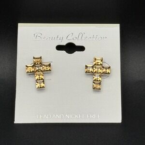 Beauty Collection Cross Stud Earrings Gold Tone Crystal Lead Nickel Free
